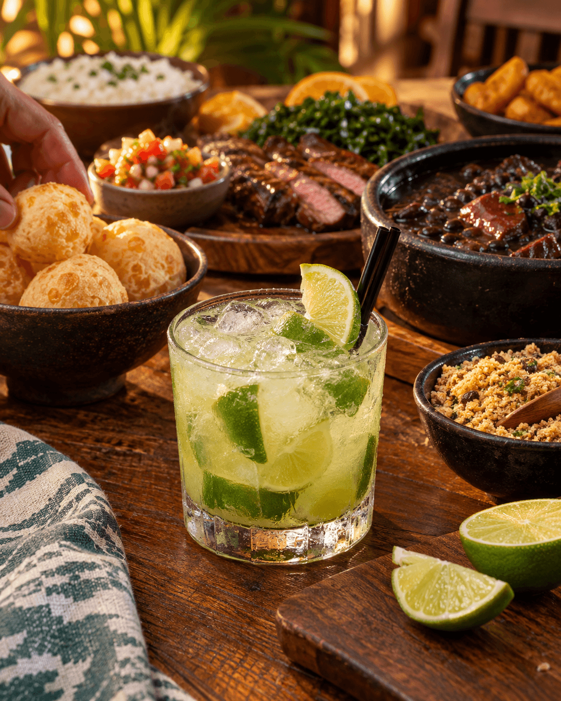 Caipirinha e pratos típicos brasileiros servidos à mesa